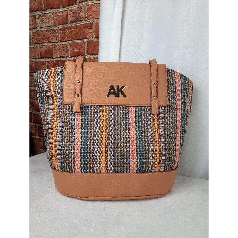 Anne Klein Straw Striped Woven Tote Bag
